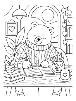 A cozy bear journaling in this writer coloring page with plants and tea.