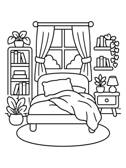 Free printable Cozy Bedroom With Books And Plants coloring page