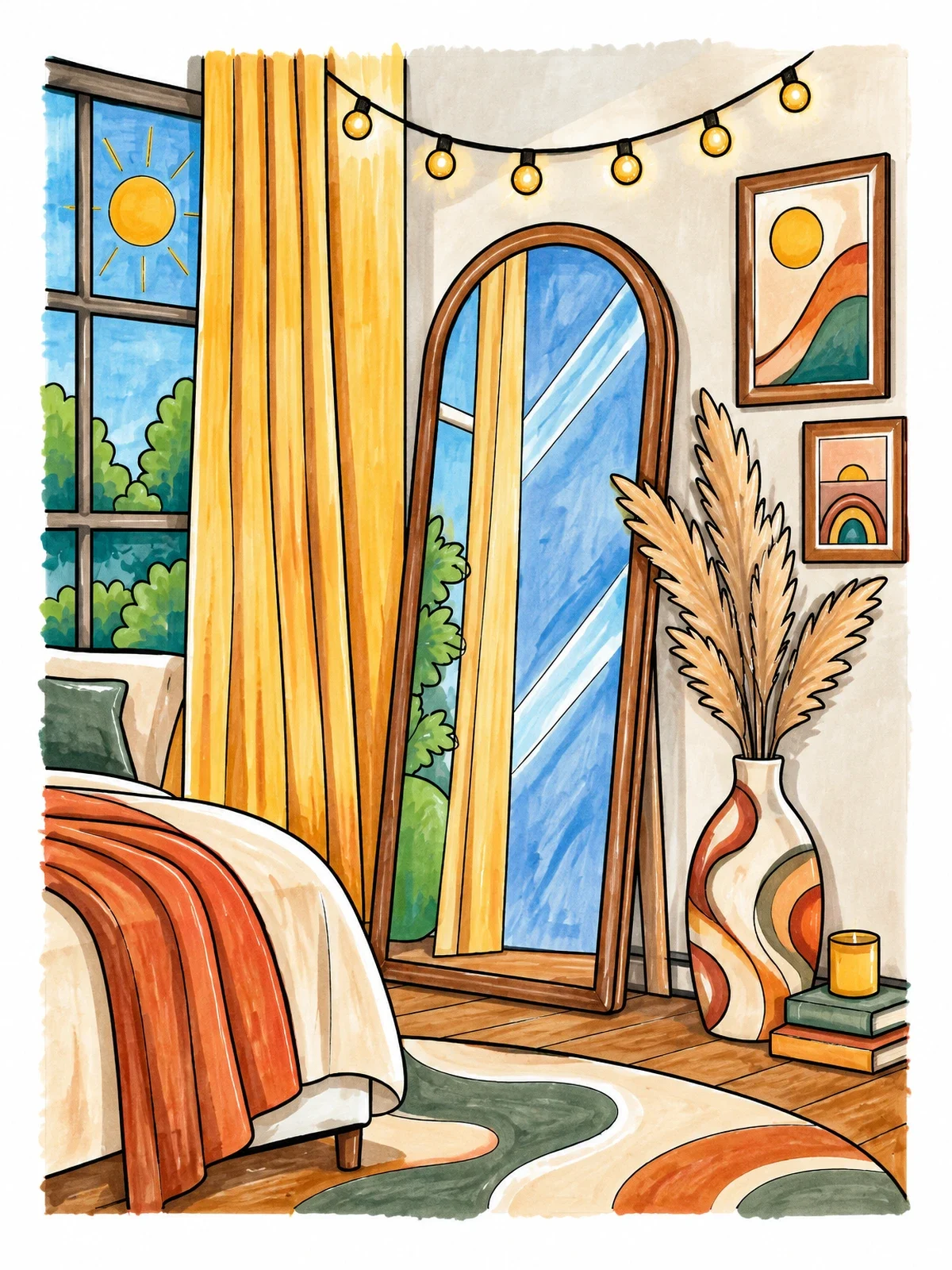Colored example of the Cozy Bedroom Corner With Arched Mirror coloring page