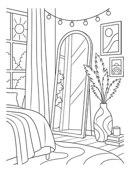 Free printable Cozy Bedroom Corner With Arched Mirror coloring page