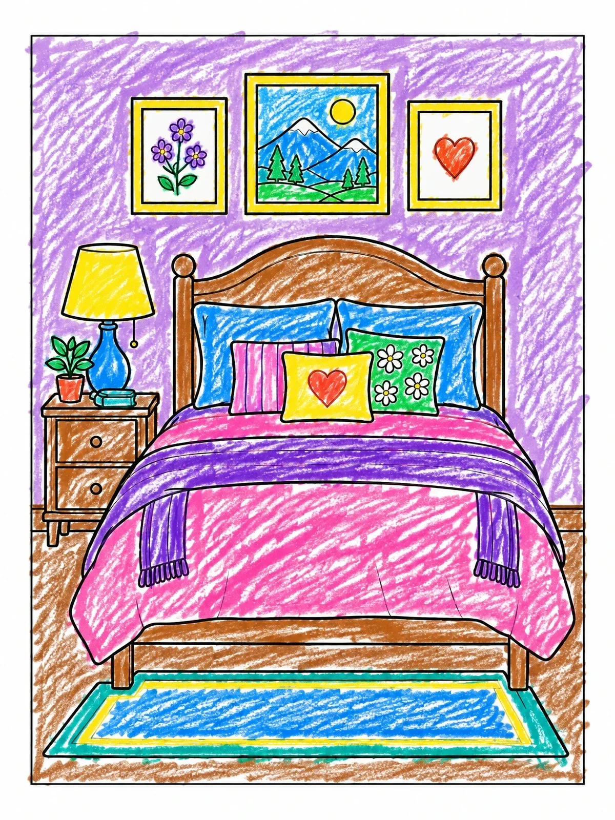 Colored example of the Cozy Bedroom With Decorated Bed coloring page