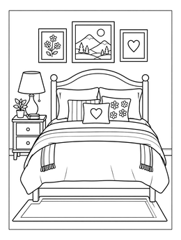 A cozy bed coloring page featuring pillows, nightstand, lamp, and wall art.