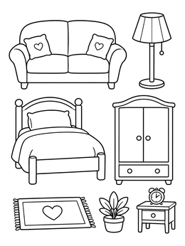Free printable Cozy Bedroom And Living Room Furniture coloring page