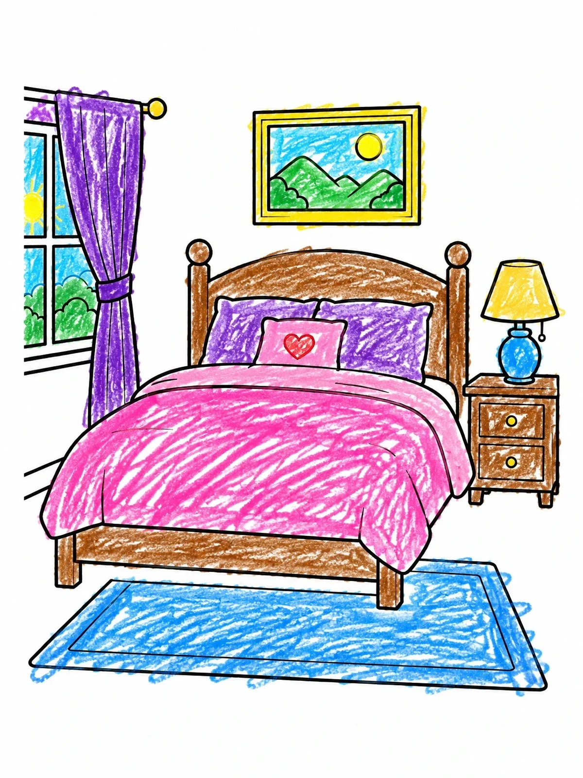 Colored example of the Cozy Bedroom With Nightstand And Window coloring page