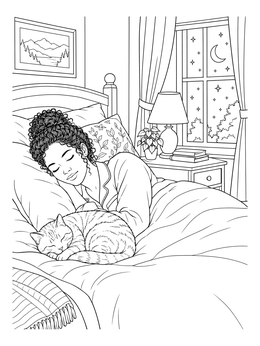 Free printable Cozy Bedroom With Sleeping Cat coloring page
