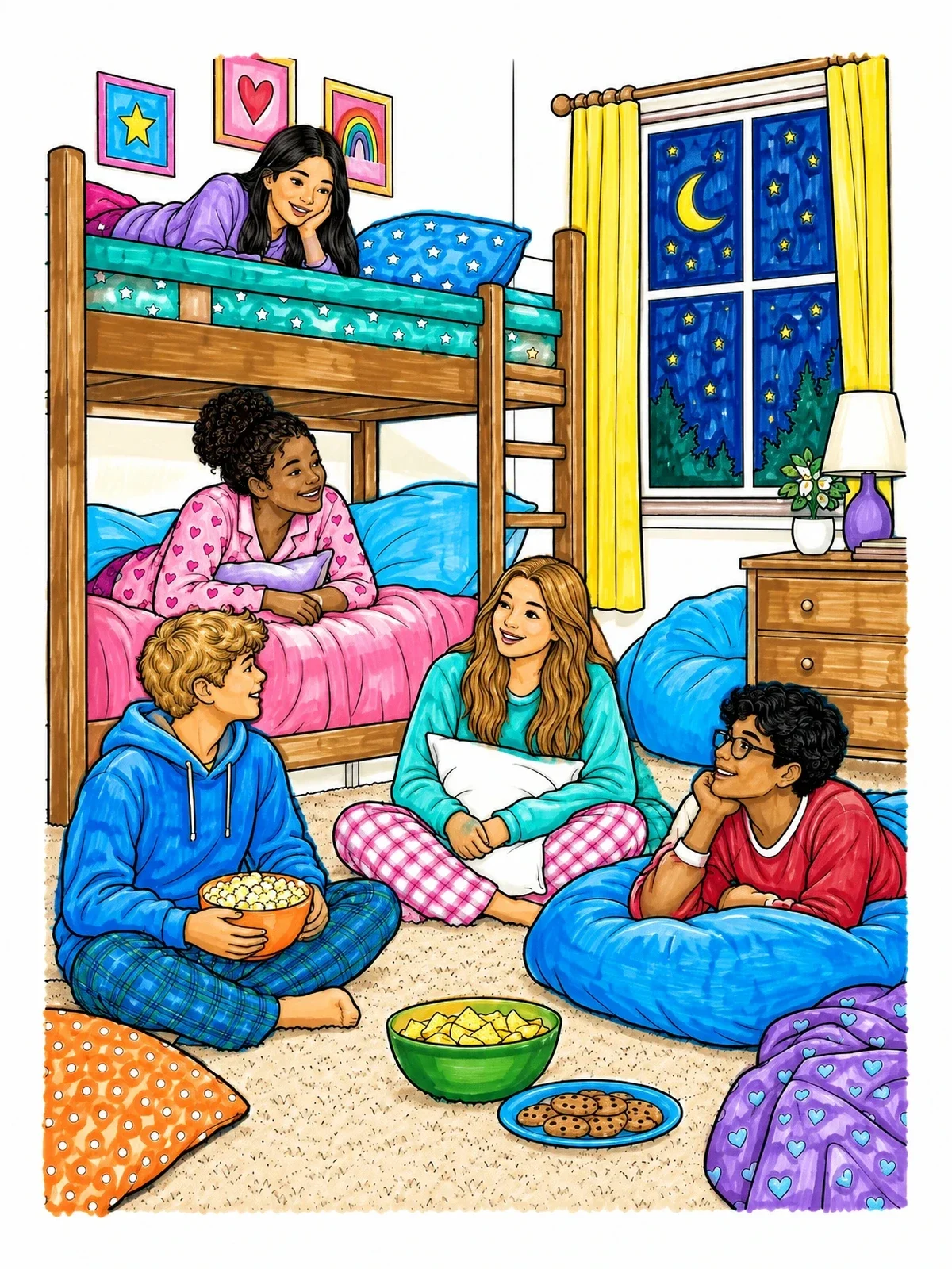 Colored example of the Cozy Bedroom Sleepover With Bunk Beds coloring page