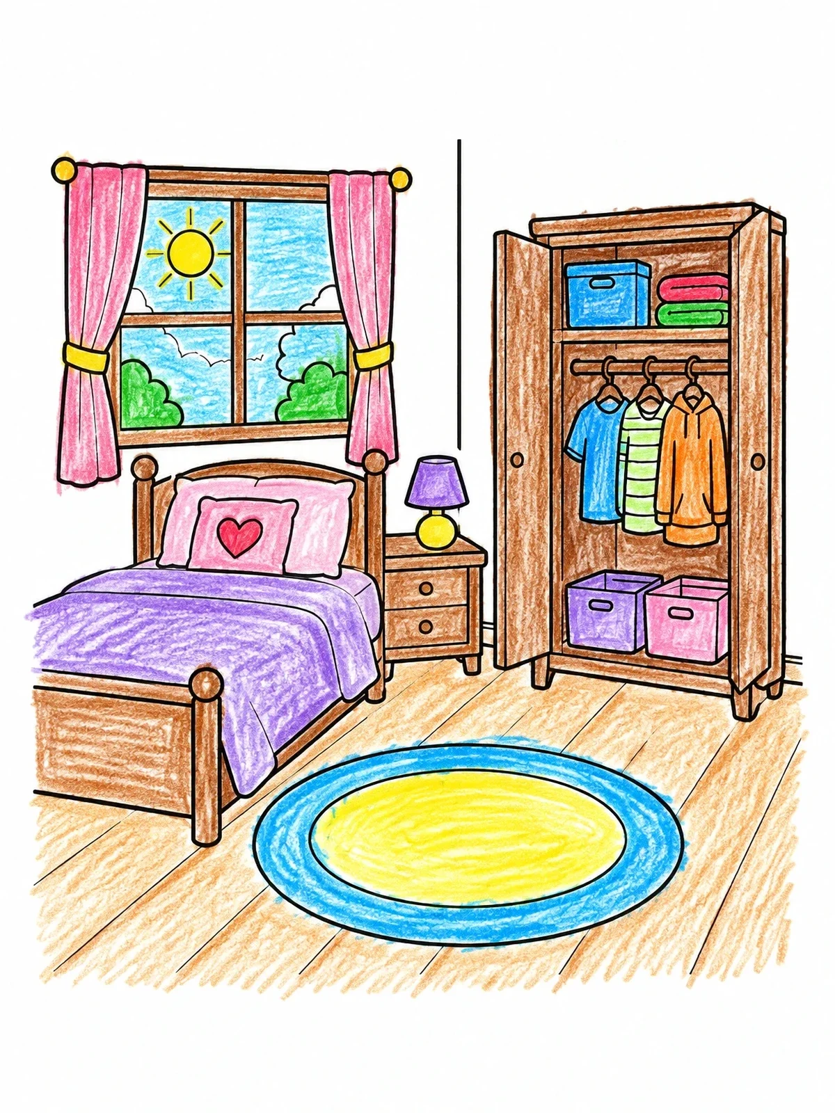 Colored example of the Cozy Sunny Bedroom With Wardrobe coloring page