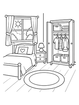 Free printable Cozy Sunny Bedroom With Wardrobe coloring page