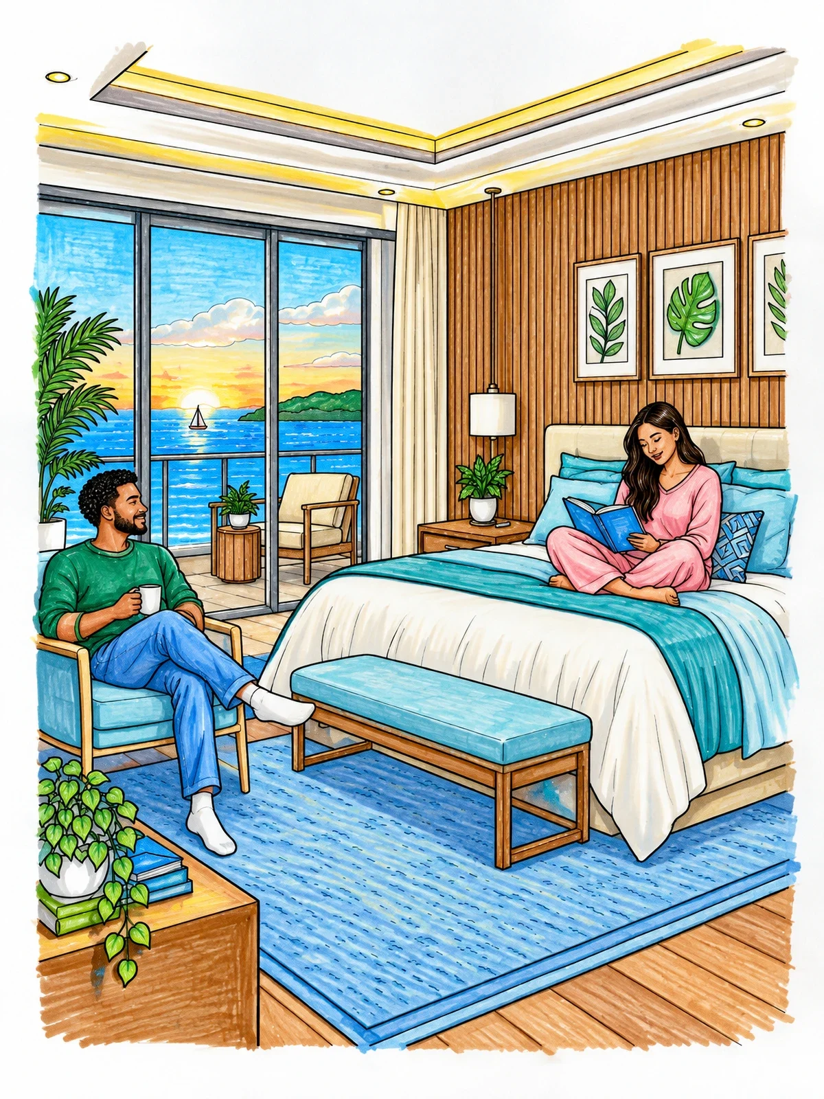 Colored example of the Cozy Bedroom With Balcony View coloring page
