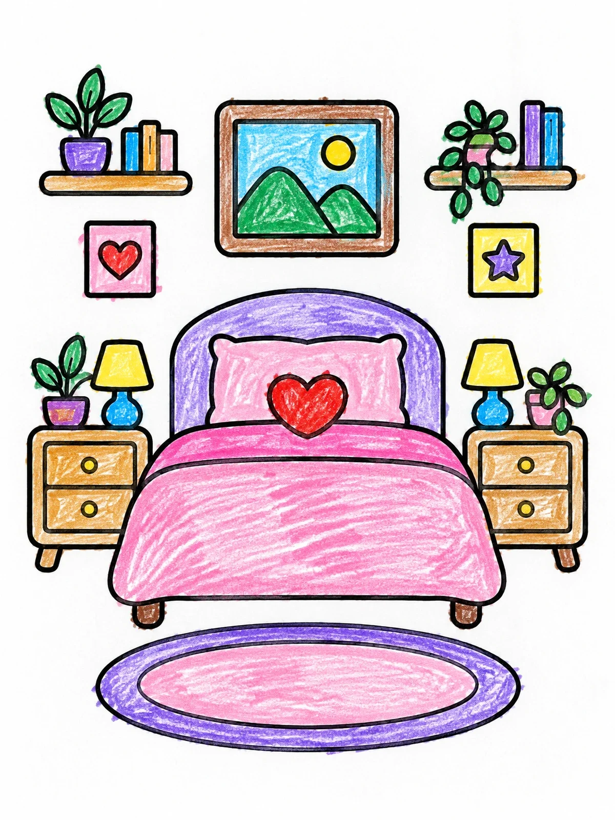 Colored example of the Cozy Bedroom With Heart Pillow coloring page