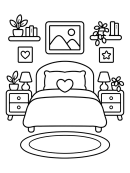 Free printable Cozy Bedroom With Heart Pillow coloring page