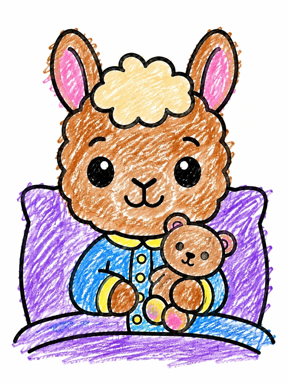 Colored example of the Cozy Bedtime Llama With Teddy Bear coloring page