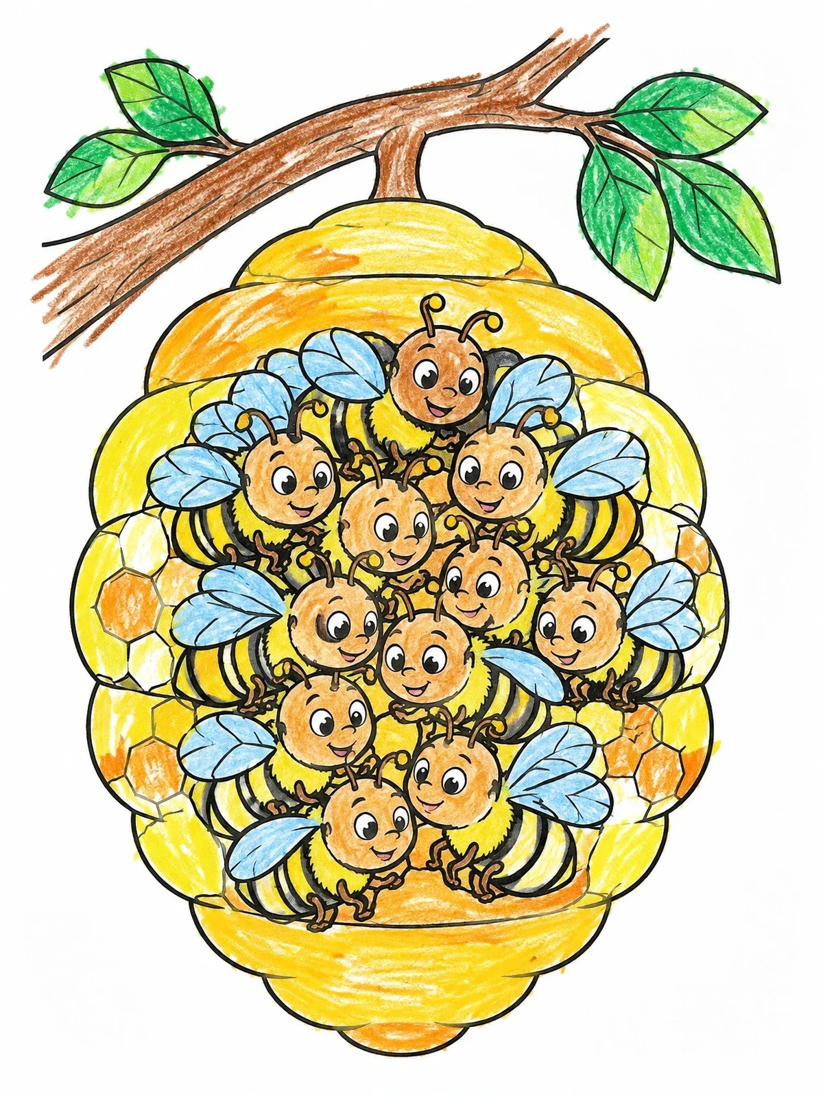 Colored example of the Cozy Bees Inside The Hive coloring page