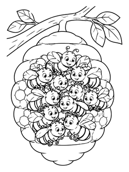 A group of cheerful honeybees huddle warmly inside a beehive on this bee coloring page.