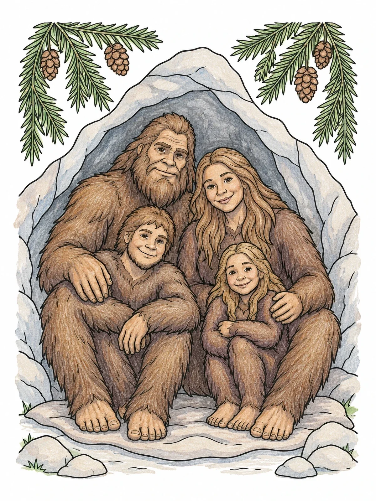 Colored example of the Cozy Bigfoot Family In Cave coloring page