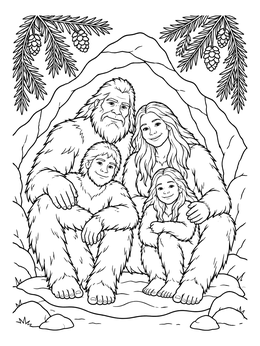 A friendly Sasquatch family sits together inside a cozy cave in this bigfoot coloring page.