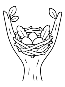 A simple bird nest coloring page with three eggs resting safely inside a tree fork.
