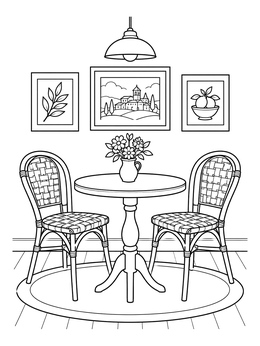 A cozy dining room coloring page featuring a small bistro table, two chairs, and wall art.