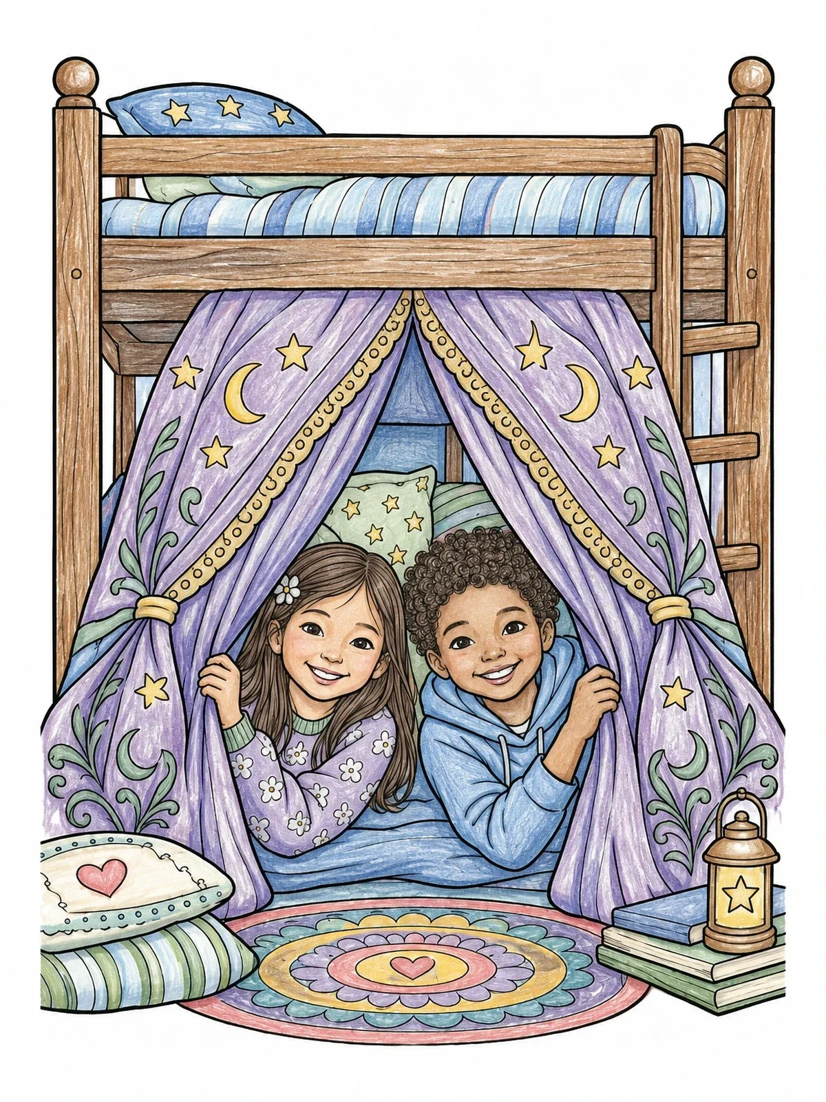 Colored example of the Cozy Blanket Fort Under Bunk Bed coloring page