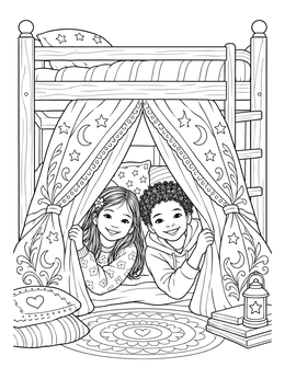 Two smiling kids peek out from a cozy blanket coloring page fort beneath a wooden bunk bed.