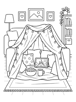 A cozy blanket fort with snacks inside this movie night coloring page.