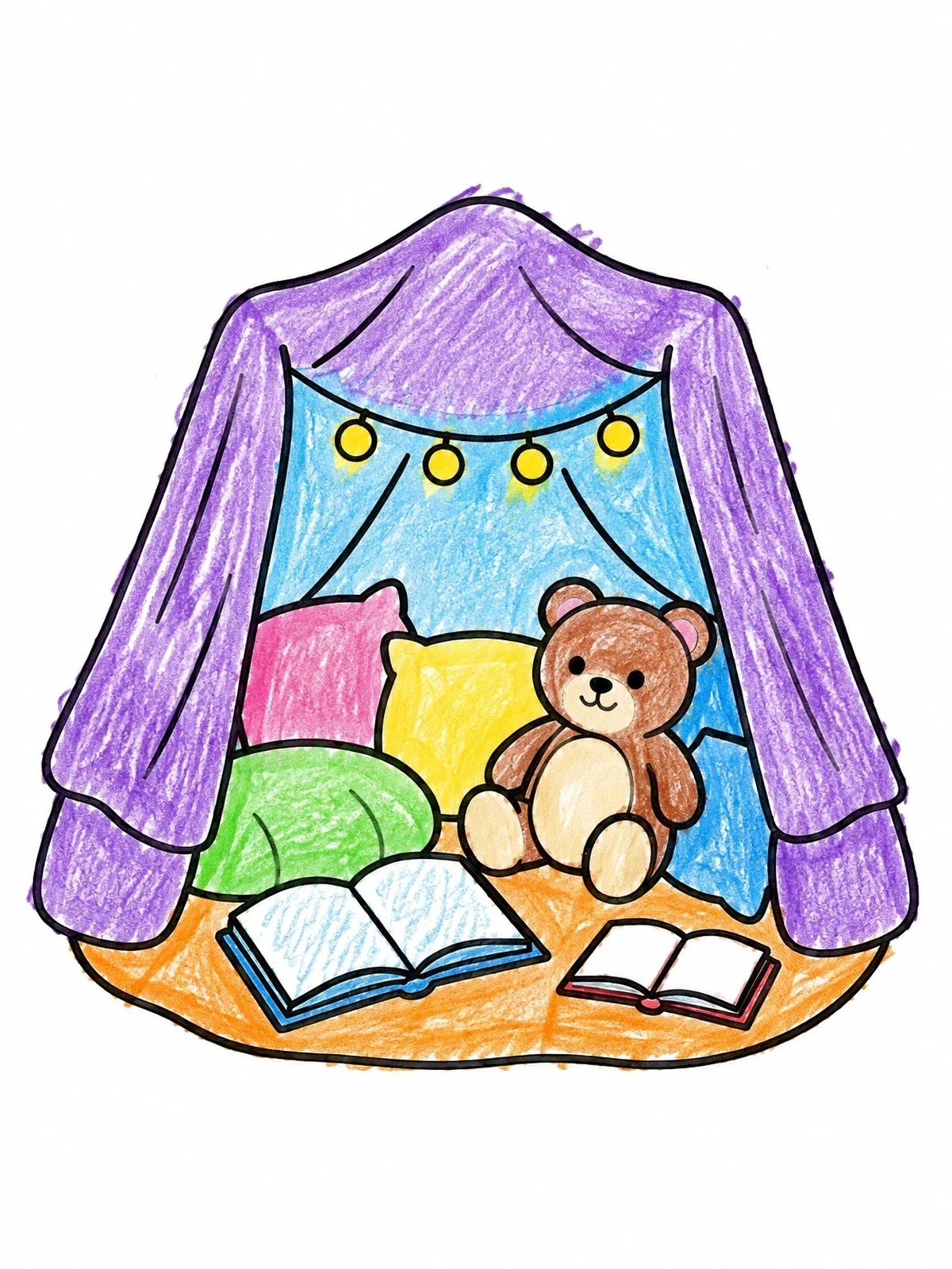 Colored example of the Cozy Blanket Fort With Teddy Bear coloring page