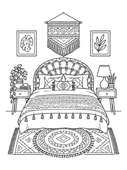 Free printable Cozy Boho Bedroom With Tapestry coloring page