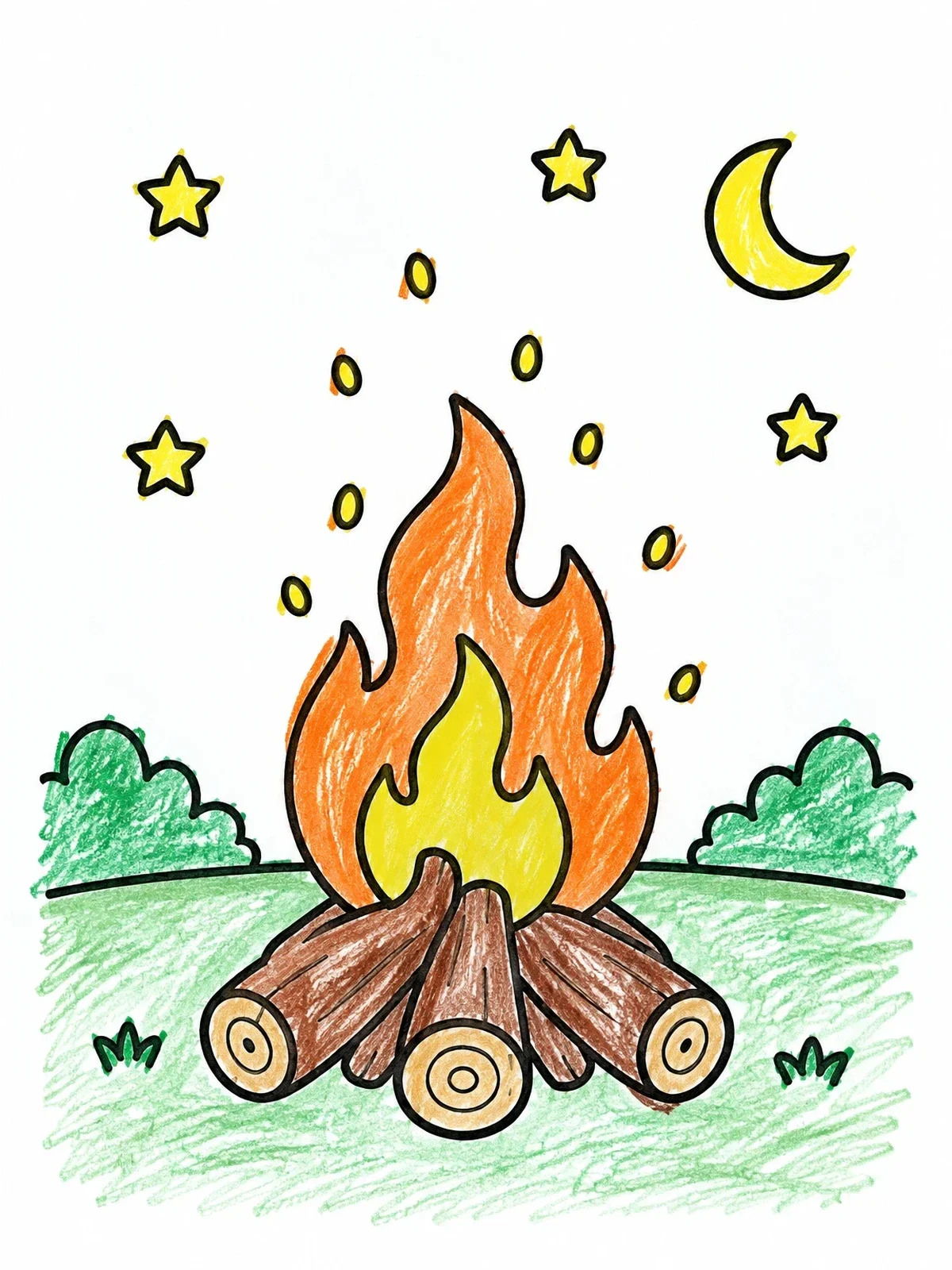 Colored example of the Cozy Bonfire Under Night Sky coloring page