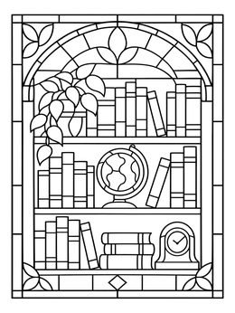 A library bookshelf with plants and a globe inside a stained glass coloring page frame.