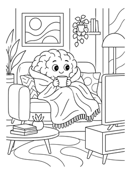 A cute brain coloring page showing a cartoon brain wrapped in a blanket watching TV.