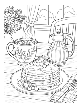 A maple syrup coloring page featuring a stack of pancakes, hot cocoa, and a glass syrup dispenser by a window.