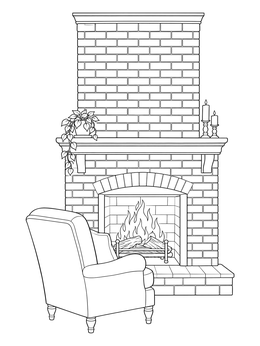 A cozy armchair sits beside a warm hearth in this detailed fireplace coloring page.