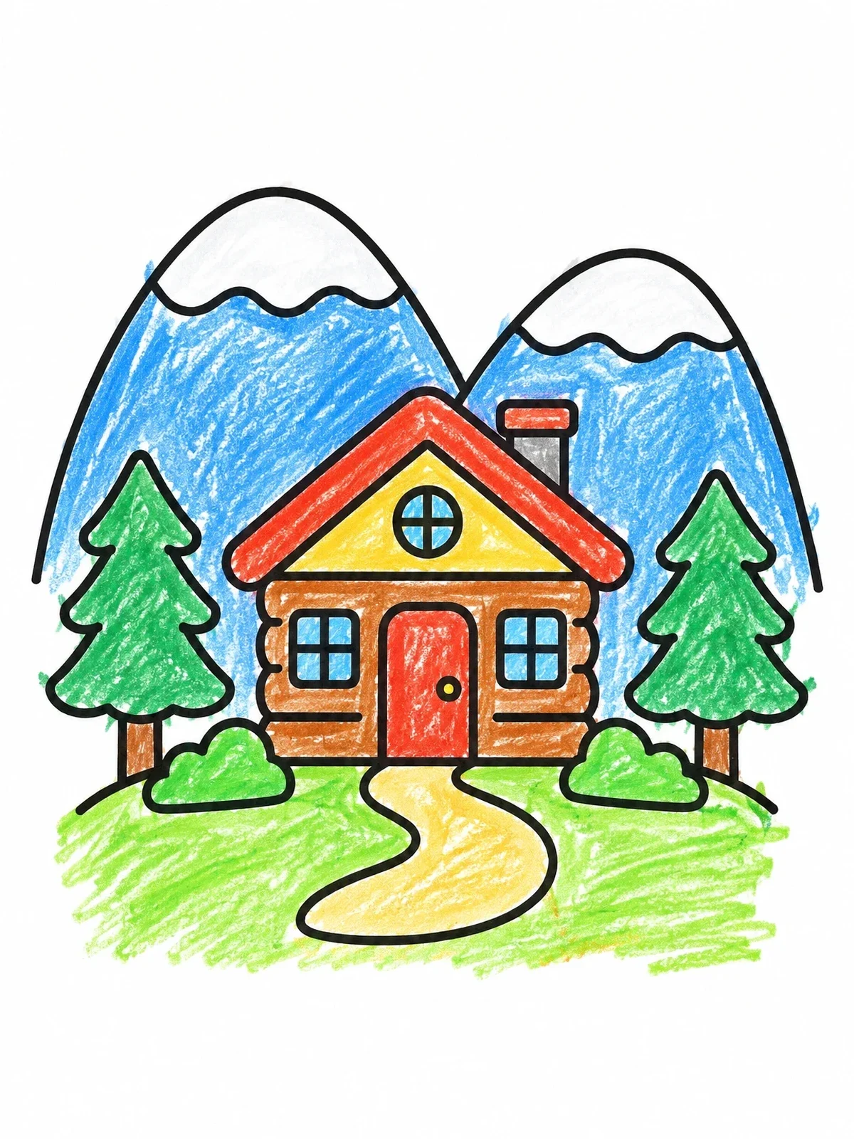 Colored example of the Cozy Cabin In The Mountains coloring page