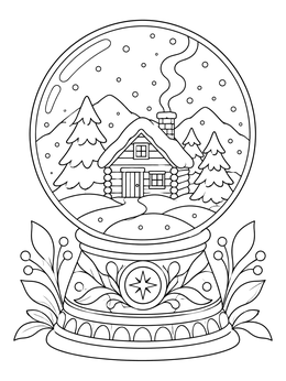 Detailed snowglobe coloring page featuring a cozy log cabin surrounded by pine trees and snowy hills.