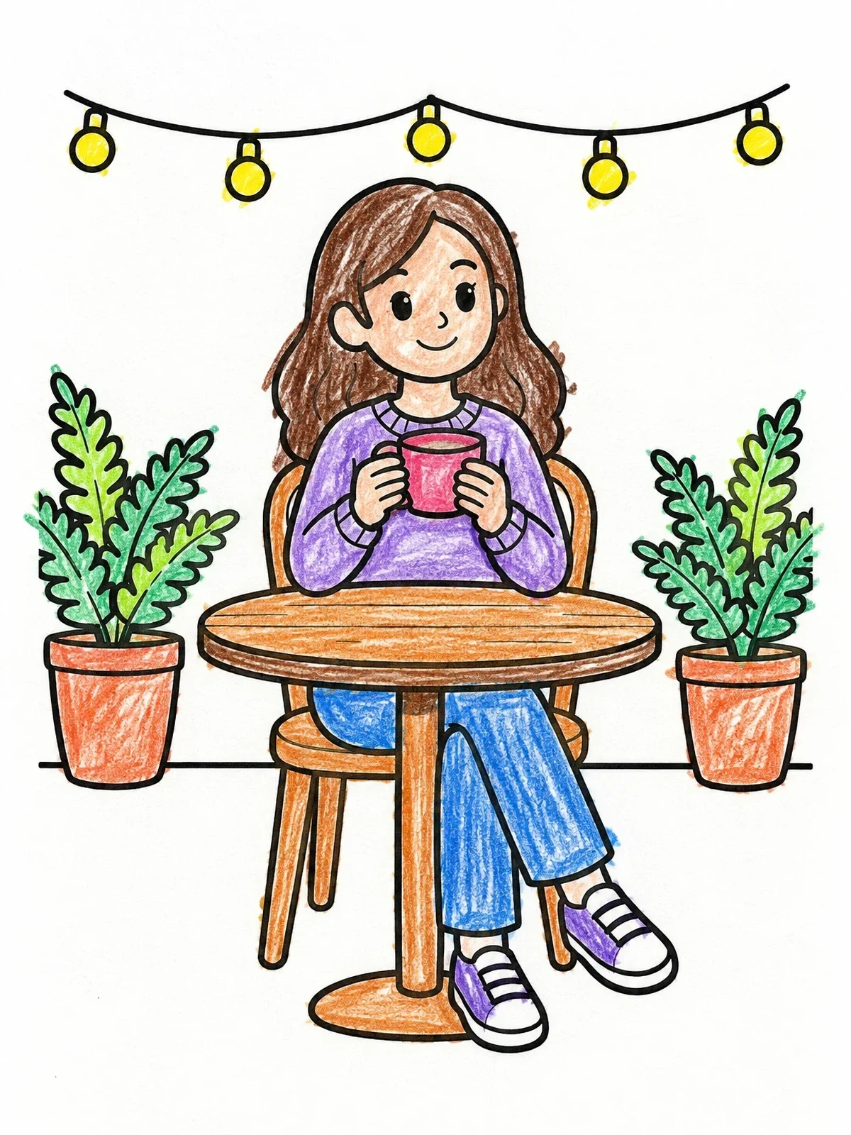 Colored example of the Cozy Cafe Table With Warm Drink coloring page