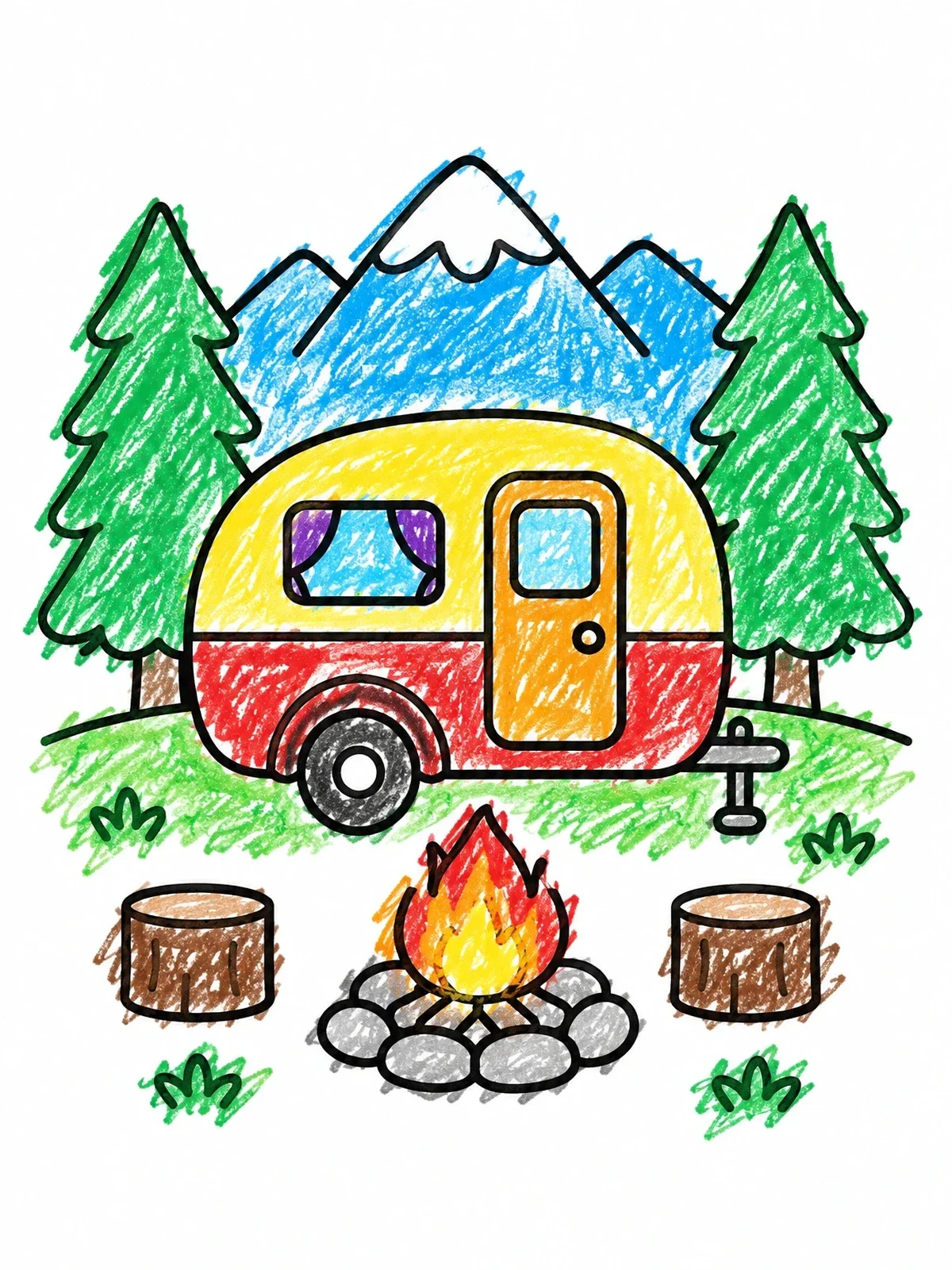 Colored example of the Cozy Camper By The Campfire coloring page
