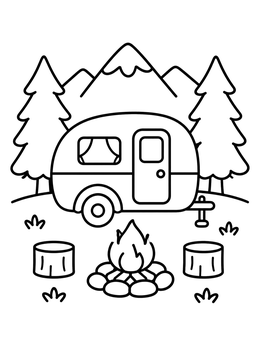 Free printable Cozy Camper By The Campfire coloring page