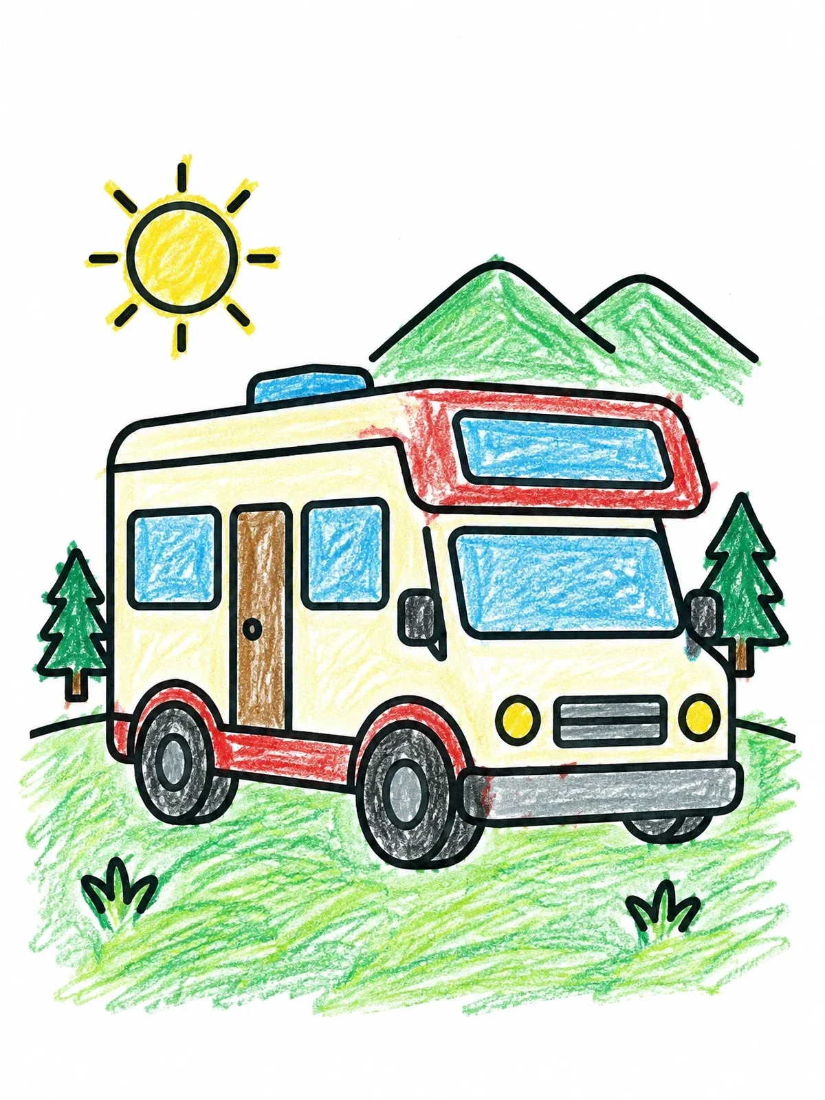 Colored example of the Cozy Campervan In The Mountains coloring page