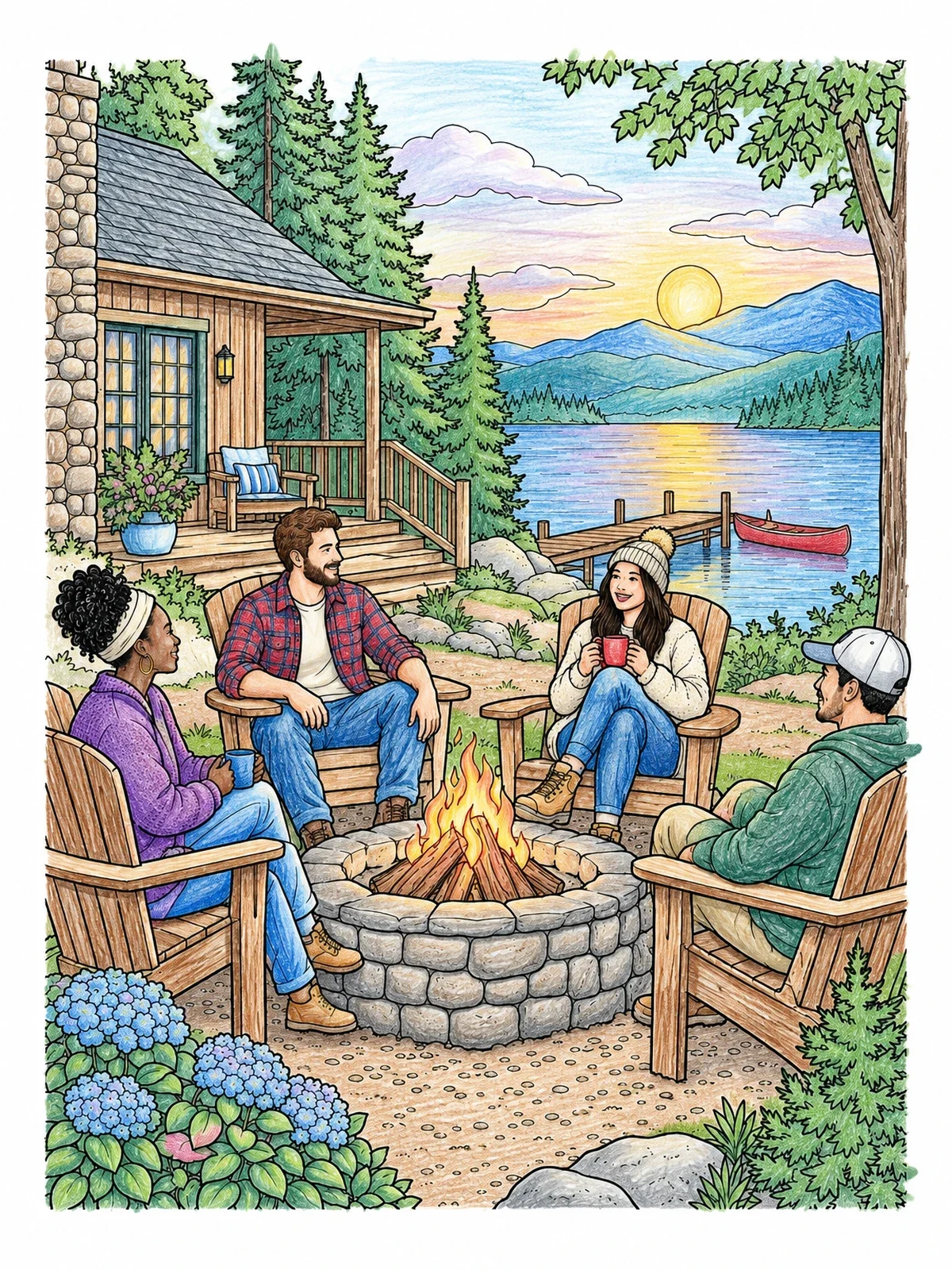 Colored example of the Cozy Campfire By The Lake Cabin coloring page