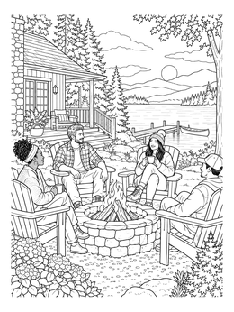 Free printable Cozy Campfire By The Lake Cabin coloring page