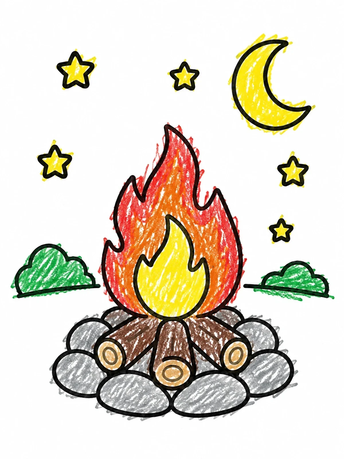 Colored example of the Cozy Campfire Under The Stars coloring page