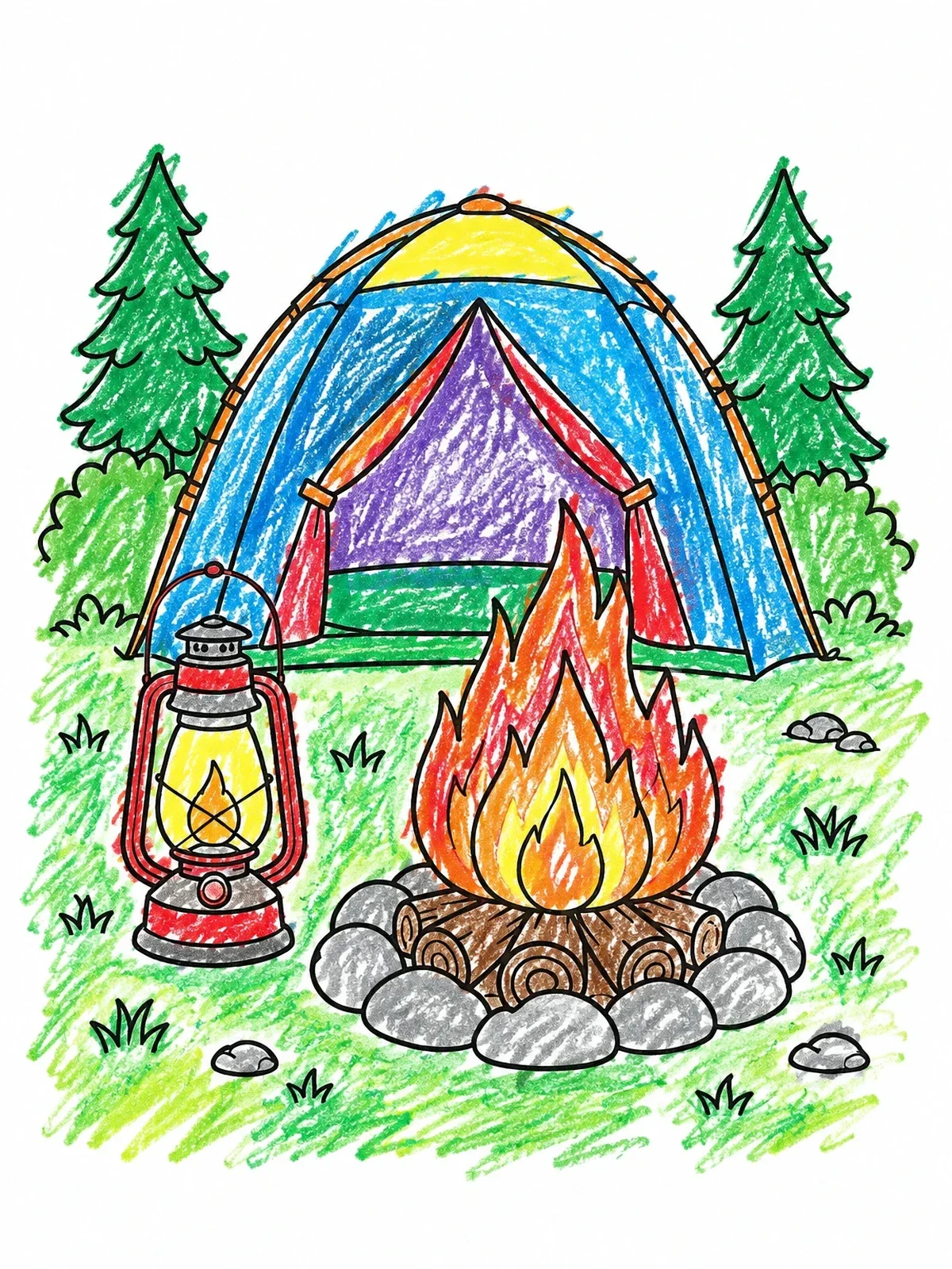 Colored example of the Cozy Campsite With Tent And Fire coloring page