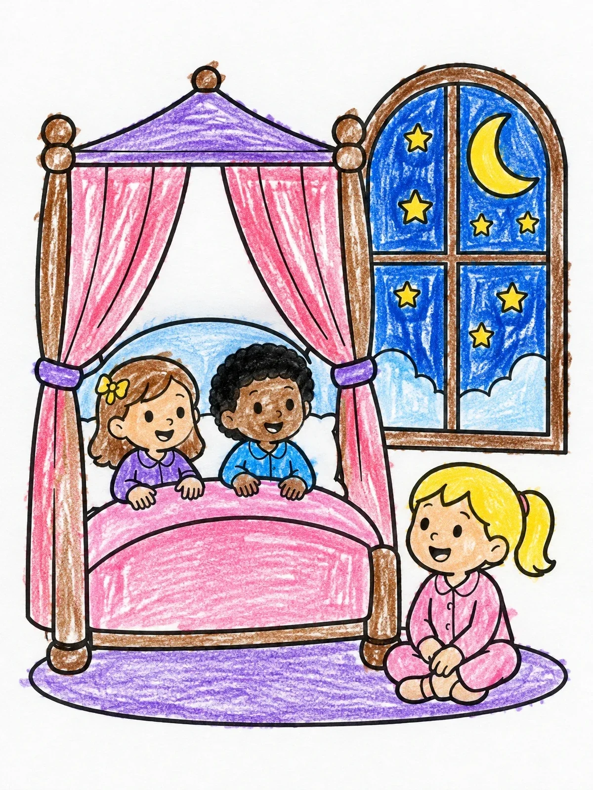 Colored example of the Cozy Canopy Bedtime Story coloring page