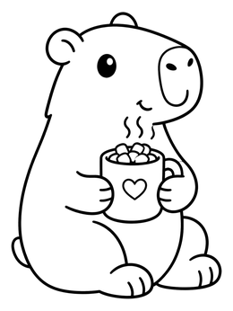 A cute capybara coloring page showing the animal holding a warm mug of cocoa with marshmallows.