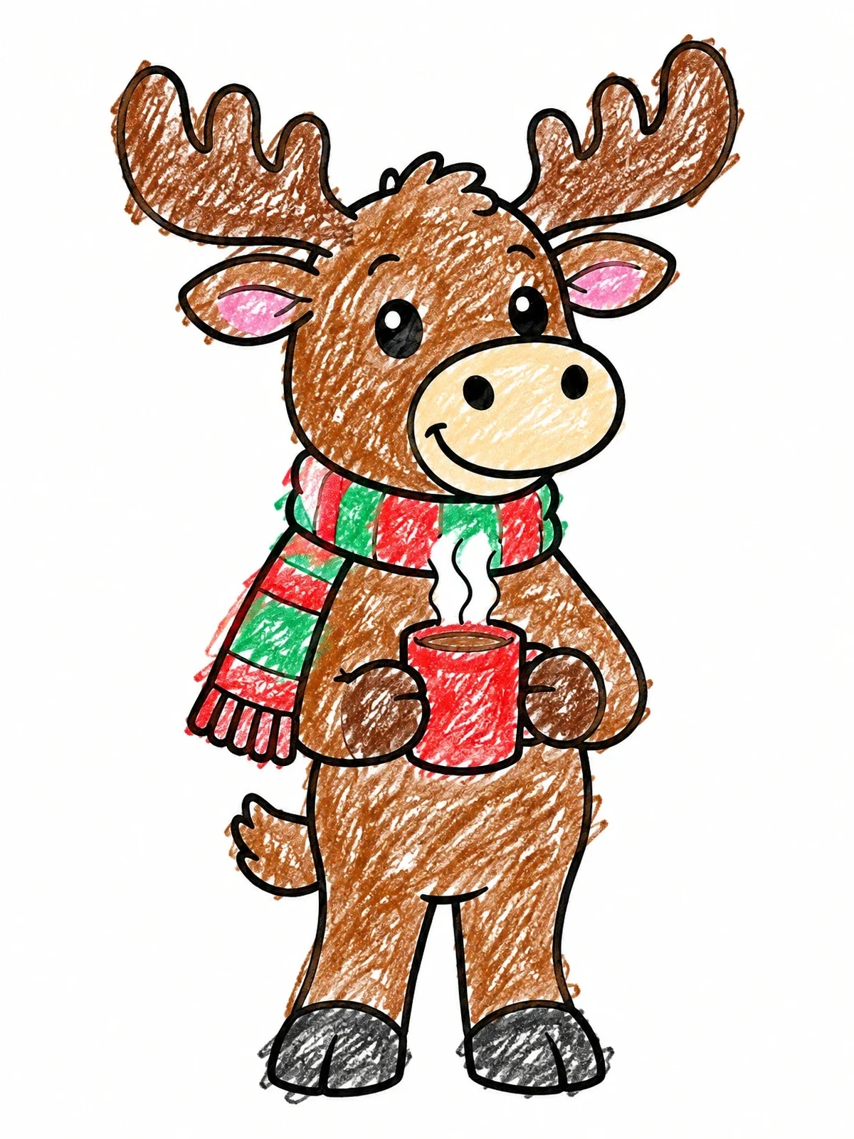 Colored example of the Cozy Cartoon Elk With Mug coloring page