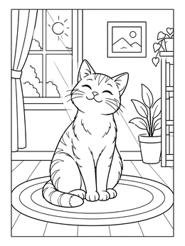A happy cat sitting on a rug in this sunny sunbeam coloring page.
