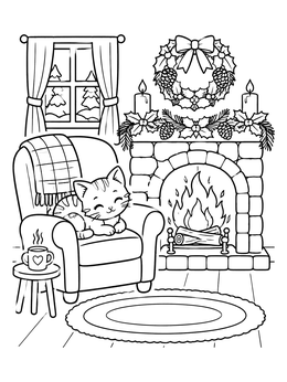 Free printable Cozy Cat By Christmas Fireplace coloring page