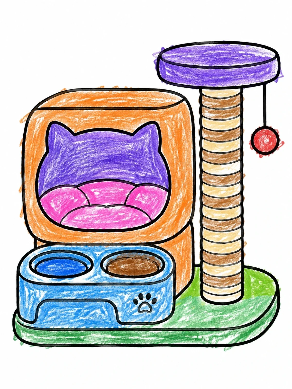 Colored example of the Cozy Cat Furniture Station coloring page