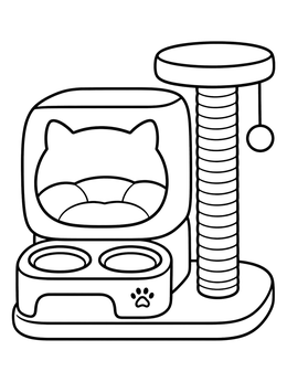 A simple cat furniture coloring page with a bed nook, scratching post, and food bowls.