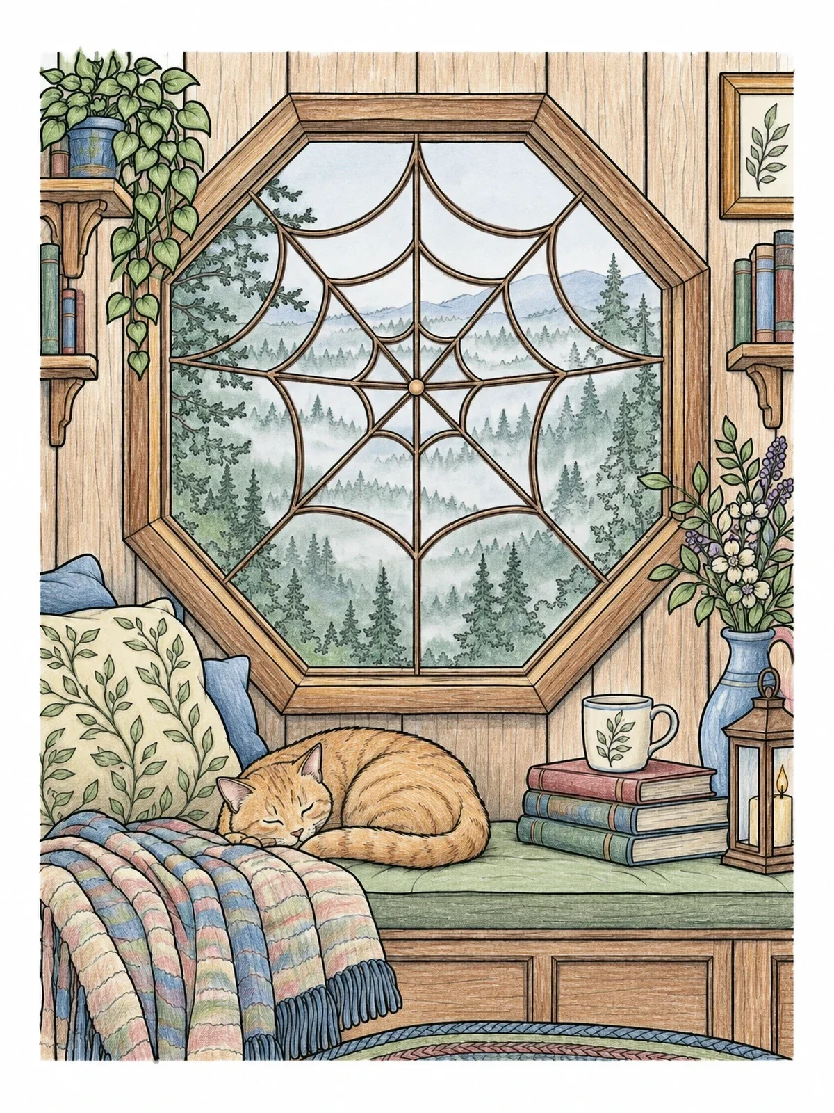 Colored example of the Cozy Cat By Octagonal Spiderweb Window coloring page